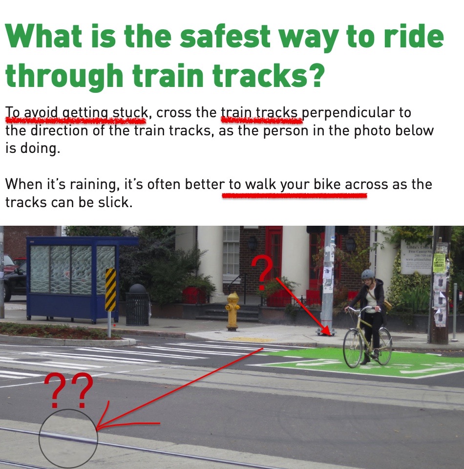 SDOT attempts to show the safest way "through" tracks for people on bikes.