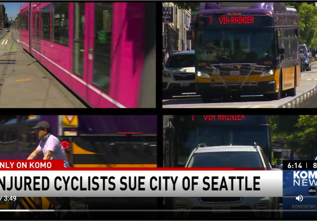Image of KOMO News story about injured bicyclists suing Seattle for unsafe road. S. Jackson